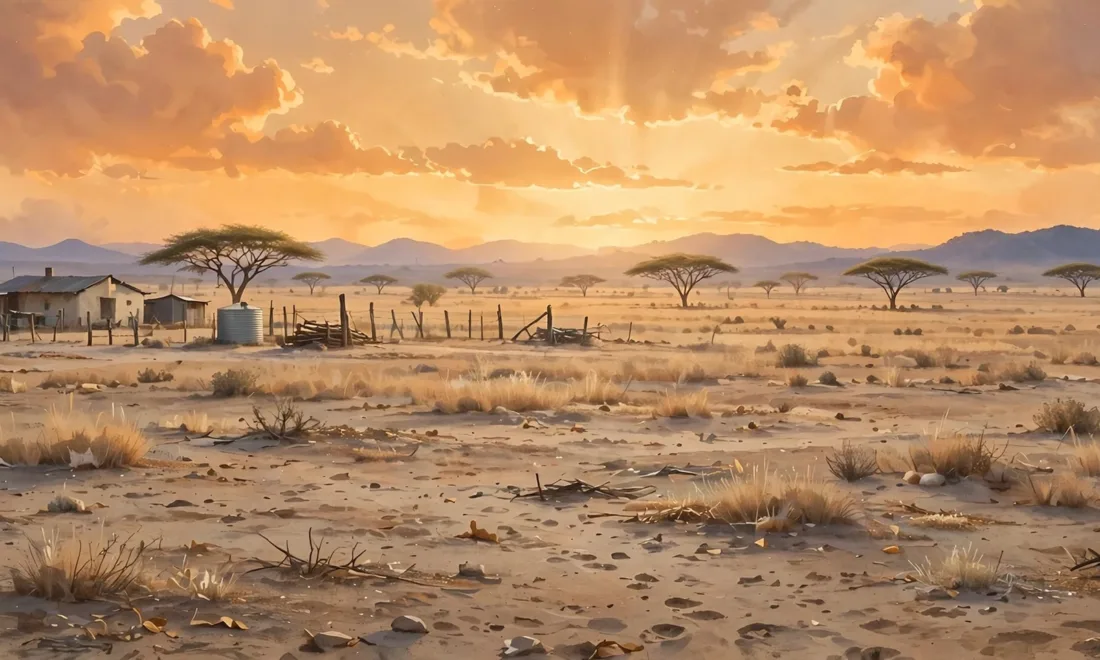 Anna Heiser: Illustration einer Farm in der namibischen Savanne bei Sonnenuntergang
