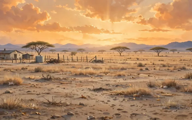 Anna Heiser: Illustration einer Farm in der namibischen Savanne bei Sonnenuntergang