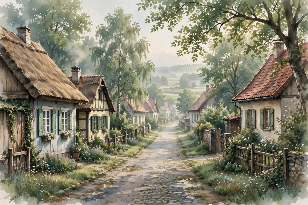 Illustration einer ruhigen Landstraße mit Häusern und Bäumen im Morgenlicht, ohne Personen