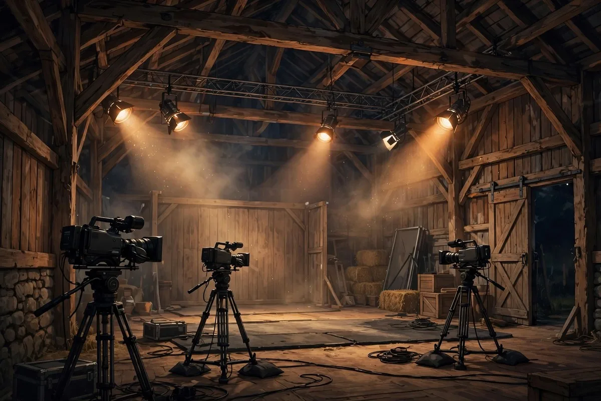 Illustration eines leeren Fernsehstudios im Scheunen-Look mit Scheinwerfern, ohne Personen