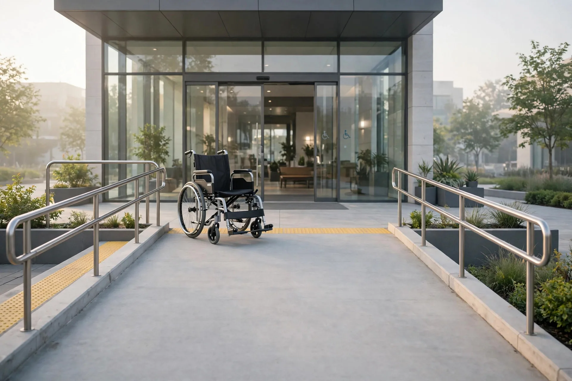 Illustration: Ein leerer Rollstuhl an einer barrierefreien Rampe vor einem Gebäudeeingang