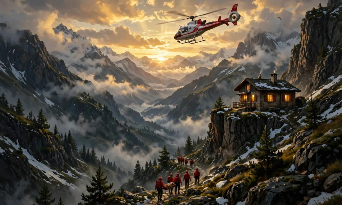 Symbolillustration: Luise Bähr verlässt Die Bergretter (Bergrettung mit Hubschrauber in den Alpen in der Abenddämmerung)