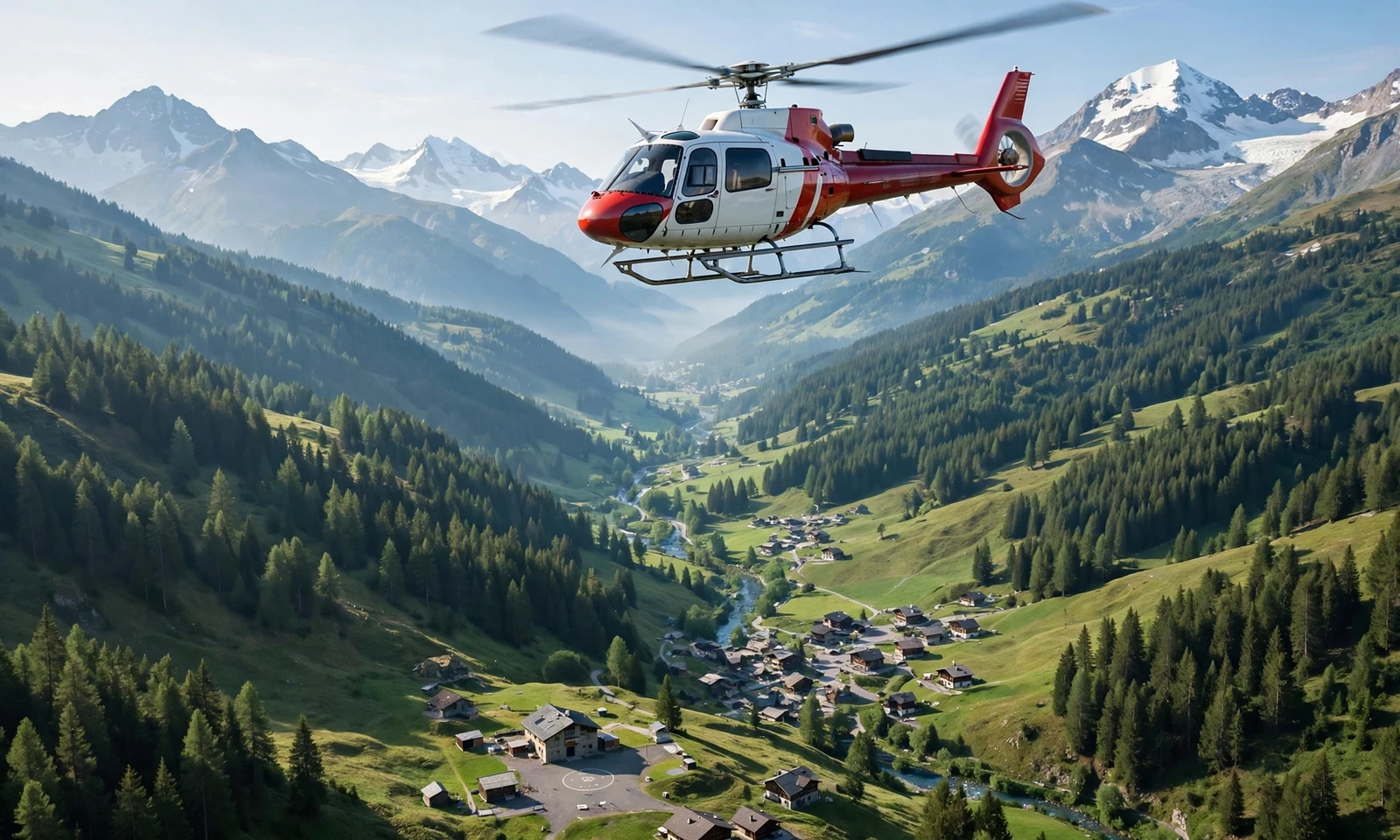 Bergrettungshubschrauber über einem Alptal am Morgen als Symbolillustration zur Besetzung der 18. Staffel von Die Bergretter
