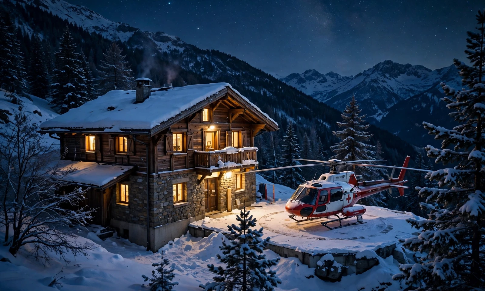 Bergrettungsstation mit Hubschrauber in den Alpen bei Nacht als Symbolillustration zu den Sendeterminen der 18. Staffel von Die Bergretter