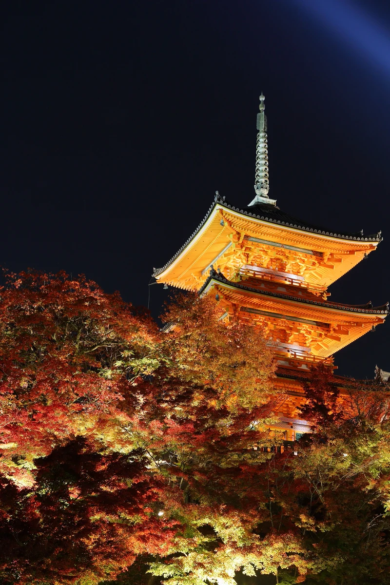 Nachts beleuchtete Pagode des Kiyomizu-dera-Tempels in Kyoto