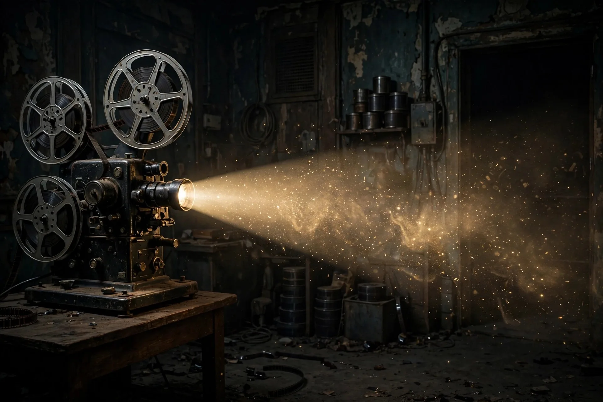 Realistische Illustration eines alten Filmprojektors mit Lichtstrahl