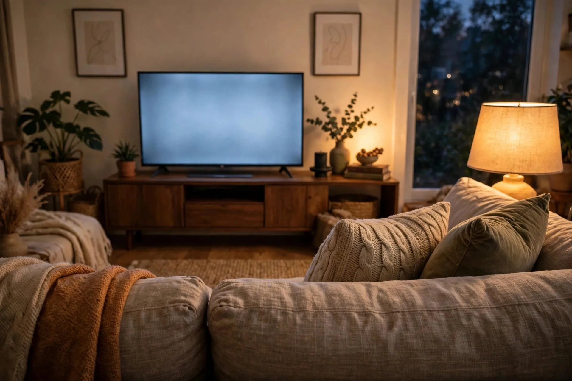 Realistische Illustration: Wohnzimmer mit Fernseher am Abend