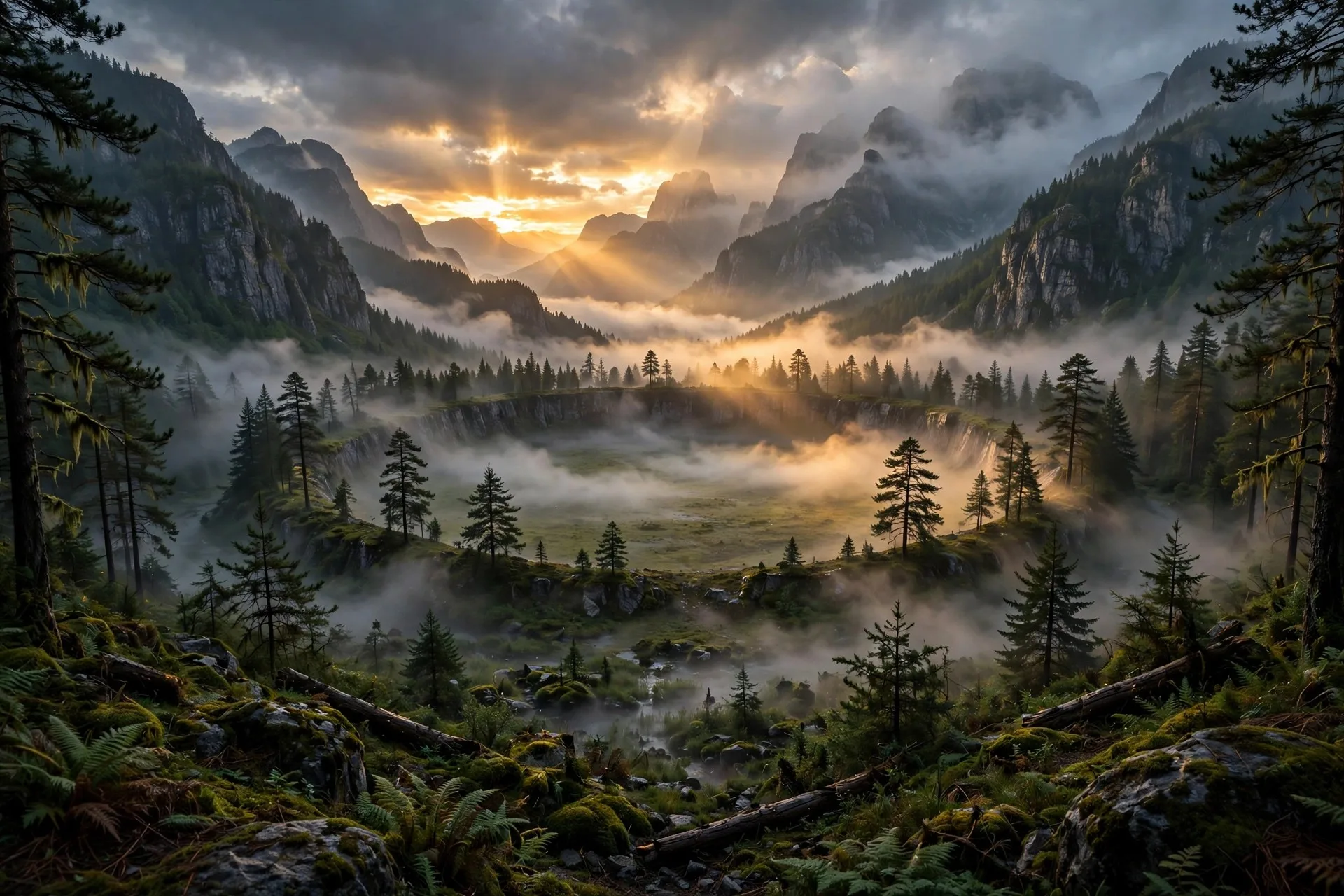 Realistische Illustration einer nebligen Waldlandschaft in der Abenddämmerung