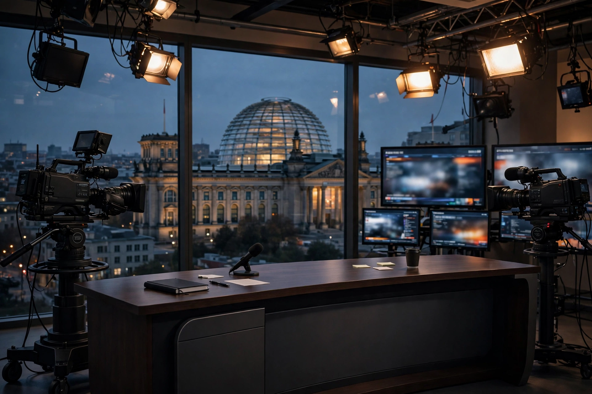 Illustration: leeres Nachrichtenstudio mit Blick auf die Reichstagskuppel