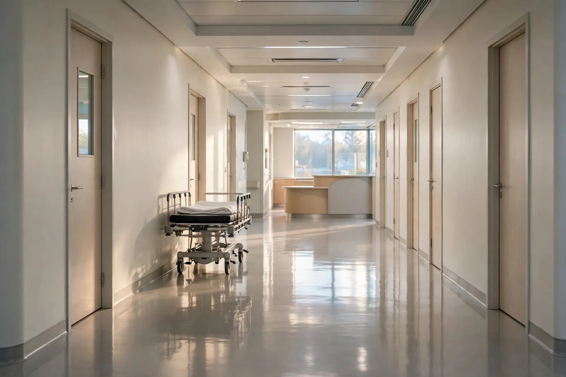 Leerer, heller Klinikflur mit Liege und Schwesternstützpunkt in der Ferne