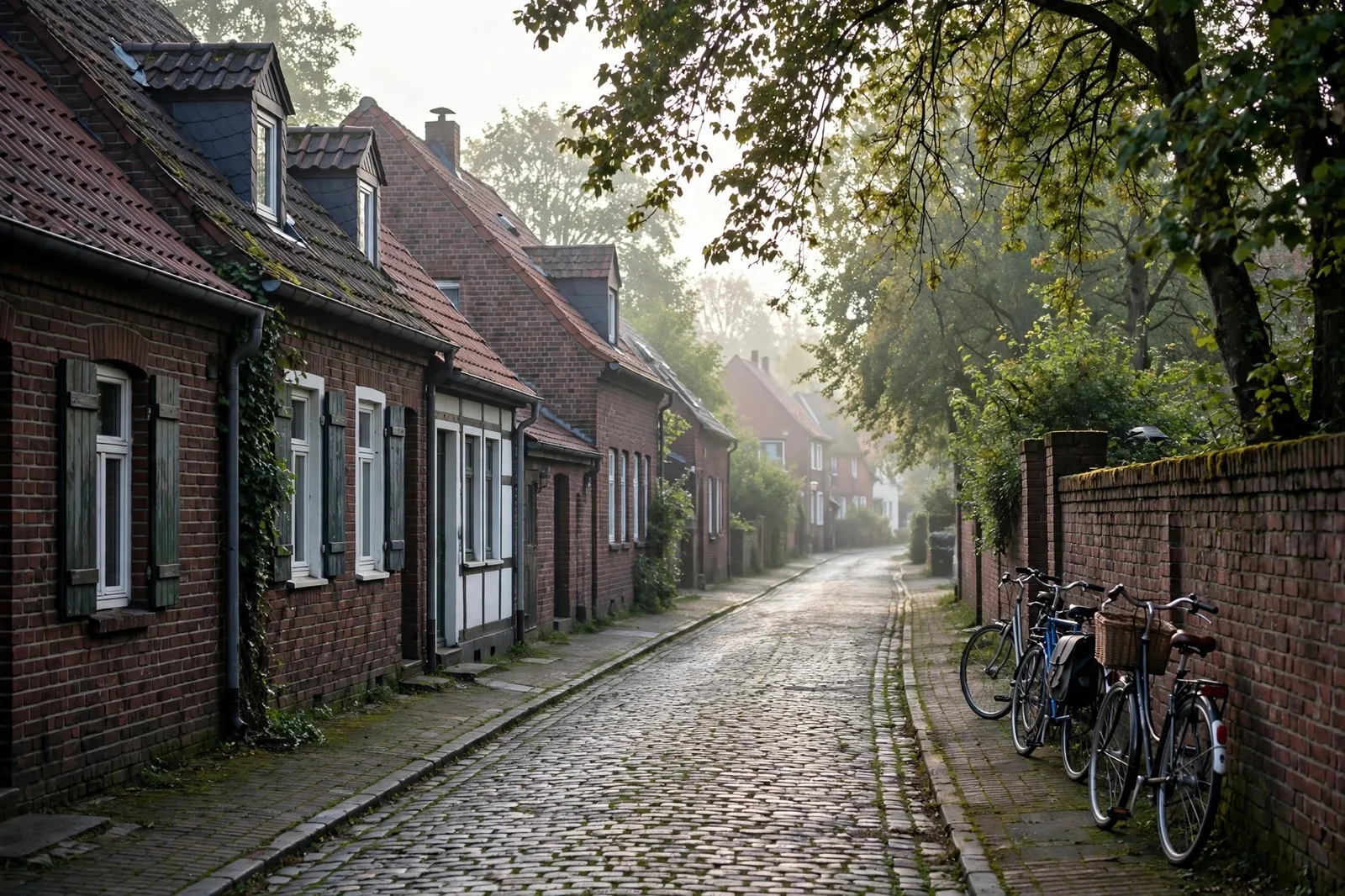 Kleinstädtische Straße in Norddeutschland im Morgenlicht