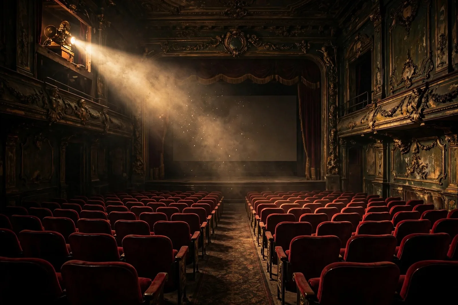 Altes Kino mit leeren roten Sesseln und Projektorstrahl