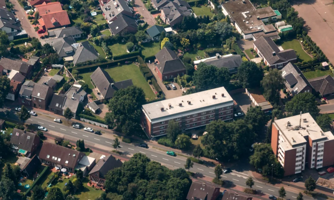 Blick über Wohnhäuser und Gärten in Bocholt