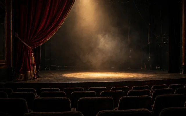 Leere Theaterbühne mit rotem Vorhang und Scheinwerferlicht