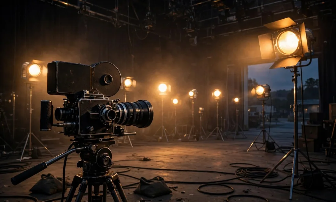 Leeres Filmset mit Kamera und Scheinwerfern in der Dämmerung