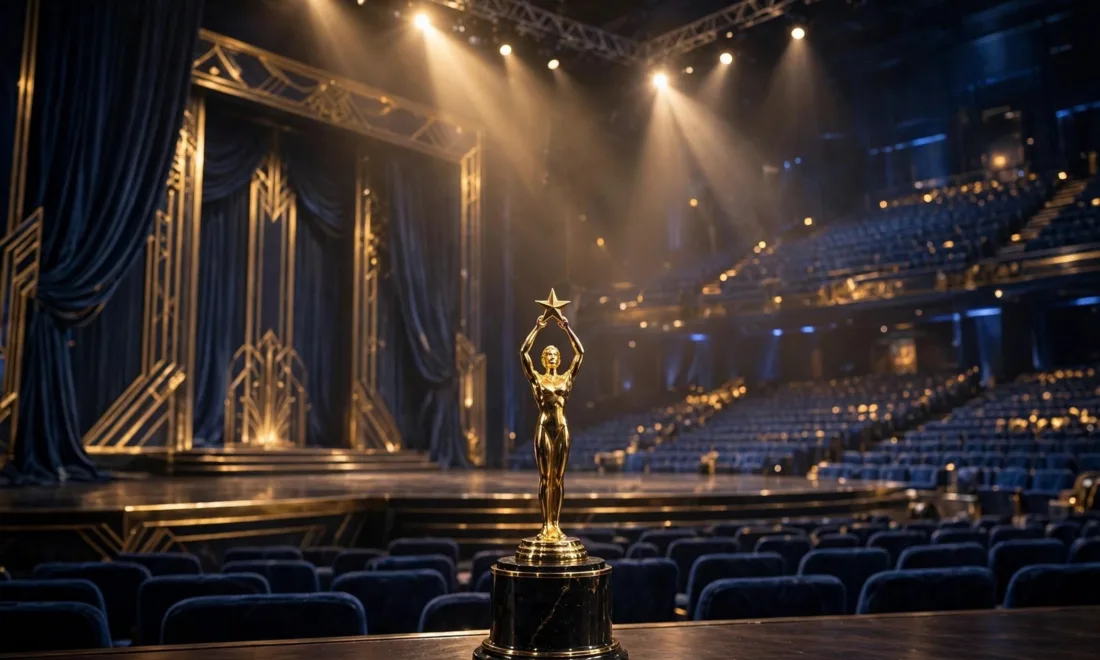 Deutscher Fernsehpreis 2026 Gewinner: Goldene Trophäe auf einer leeren Galabühne