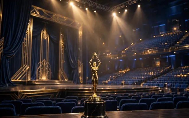 Deutscher Fernsehpreis 2026 Gewinner: Goldene Trophäe auf einer leeren Galabühne