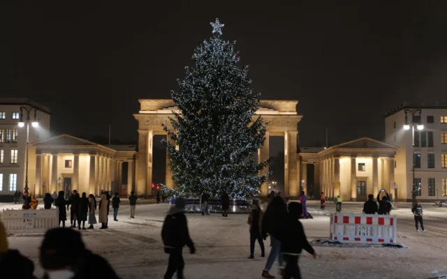 Weihnachtsbaum mit Schnee am Pariser Platz in Berlin bei Nacht