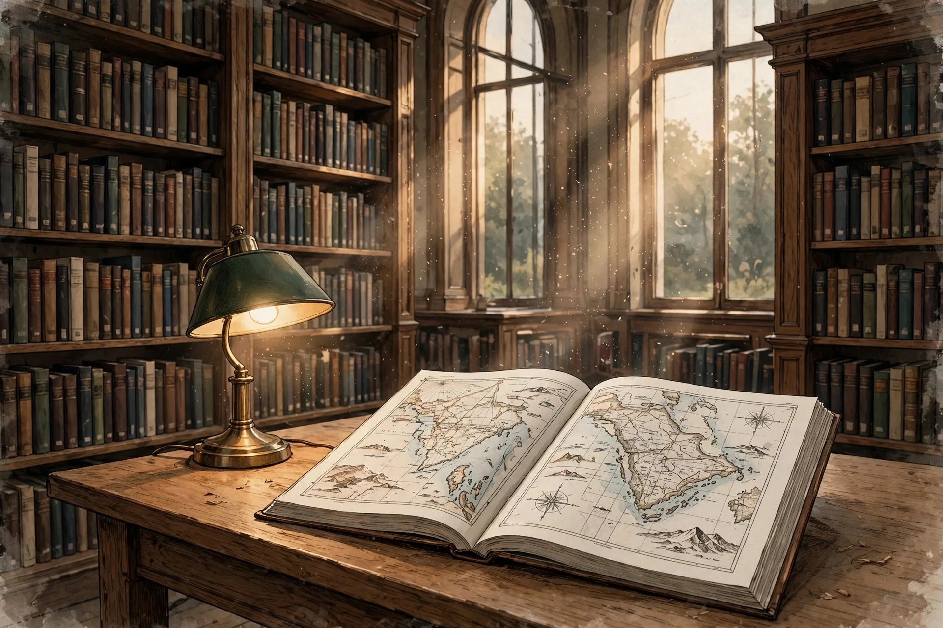 Illustration einer Bibliothek mit aufgeschlagenem Atlas (KI-generiertes Bildmotiv)