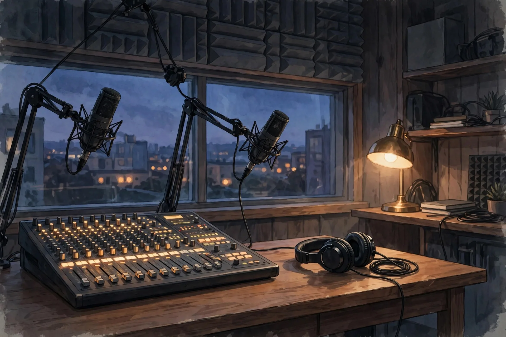Illustration eines Podcast-Studios mit Mikrofonen und Mischpult (KI-generiertes Bildmotiv)