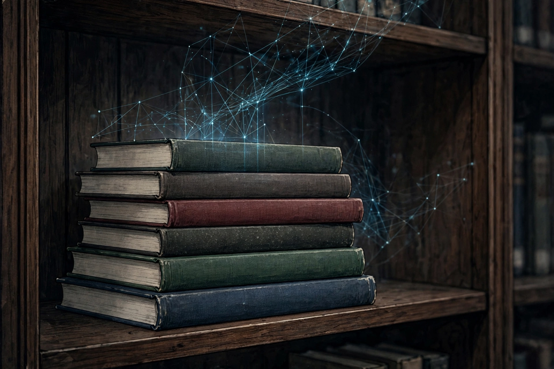 Symbolische Illustration: Bücherstapel mit digitalem Netzwerk (KI-generiert, kein echtes Foto)