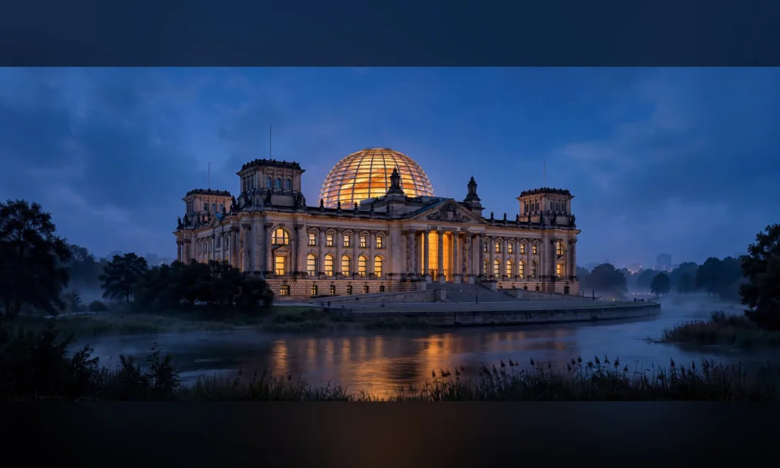 Symbolische Illustration: Reichstag in der Abenddämmerung (KI-generiert, kein echtes Foto)