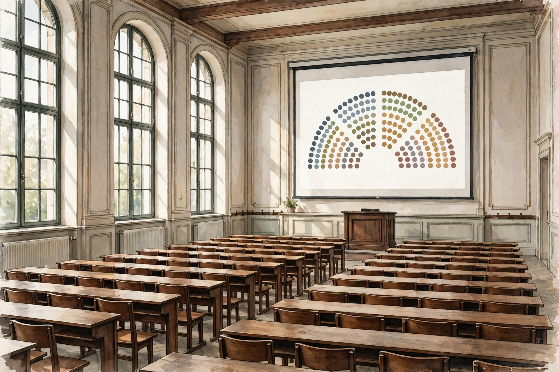Symbolische Illustration: leerer Hörsaal mit Parlamentsdiagramm (KI-generiert, kein echtes Foto)