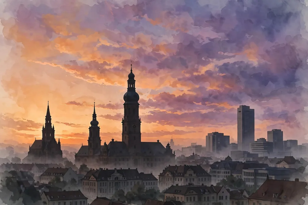 Illustration: Leipziger Skyline in der Abenddämmerung