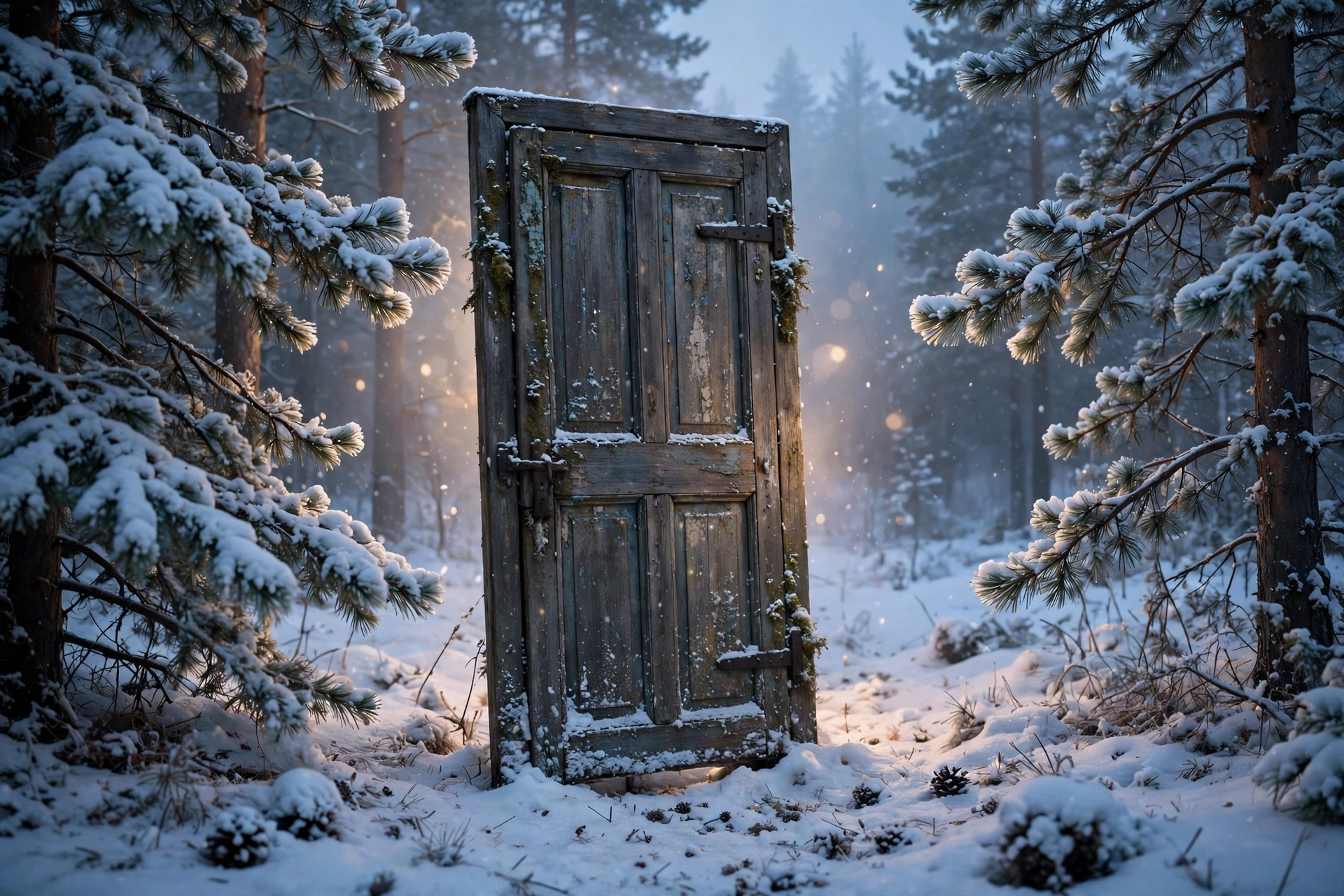 Realistische Illustration eines verschneiten Waldes mit alter Holztür – Fantasy-Stimmung