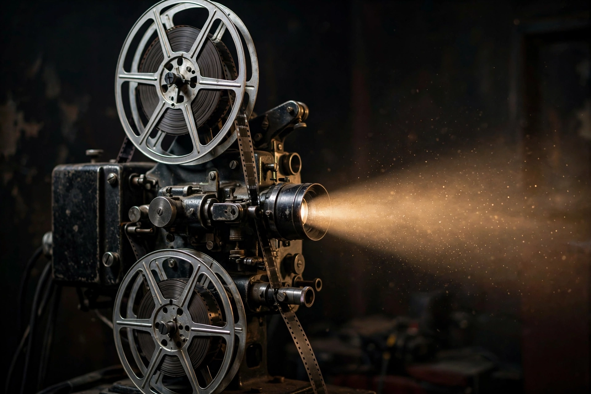 Realistische Illustration eines alten Filmprojektors mit Lichtstrahl im Vorführraum