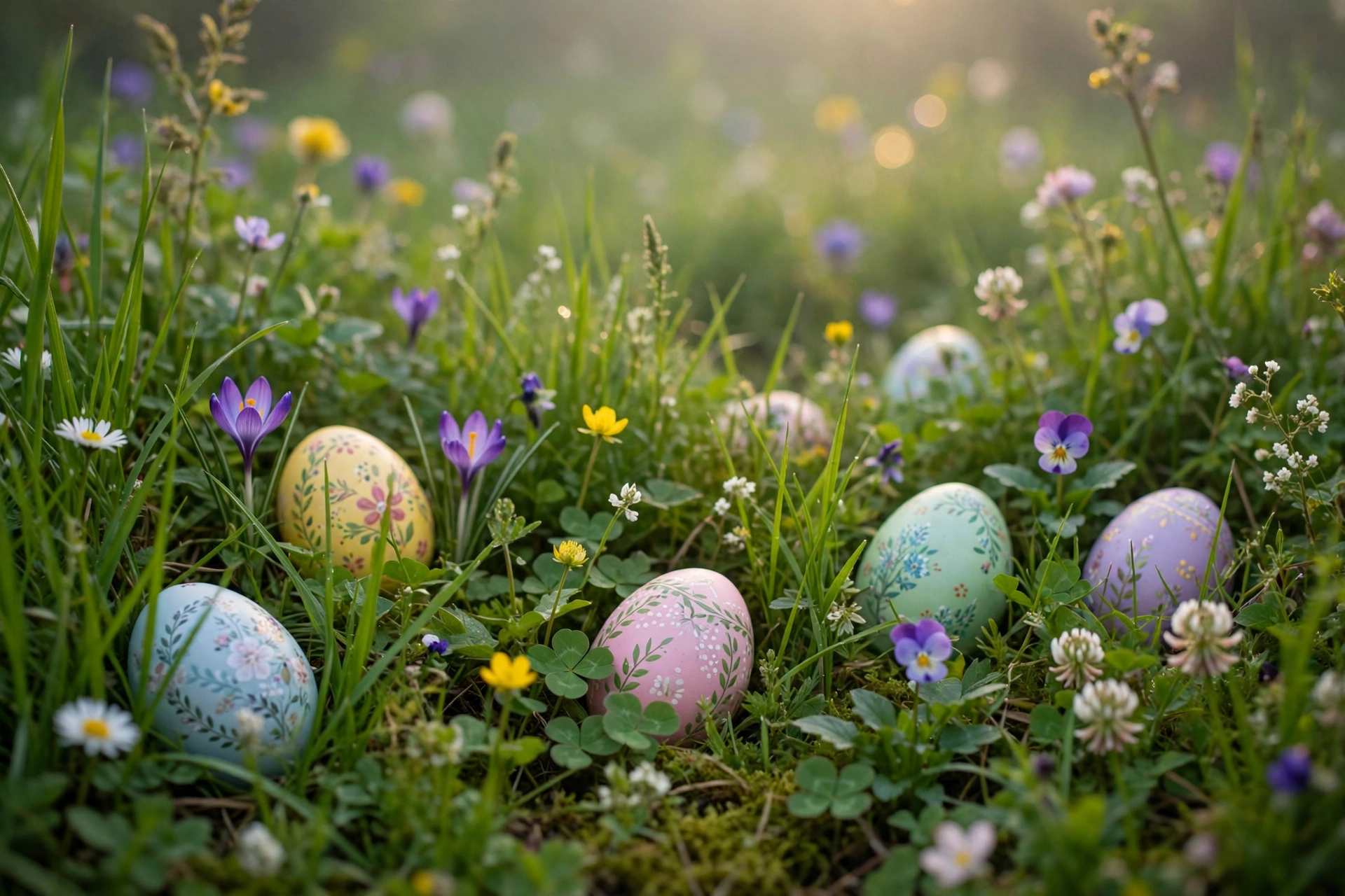 Realistische Illustration einer Frühlingswiese mit bunt bemalten Ostereiern