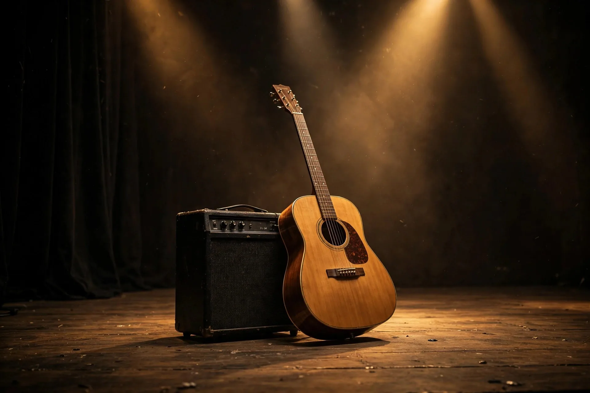Symbolillustration: Akustikgitarre auf einer leeren Bühne im Scheinwerferlicht (Thema: Tom, der Musiker)