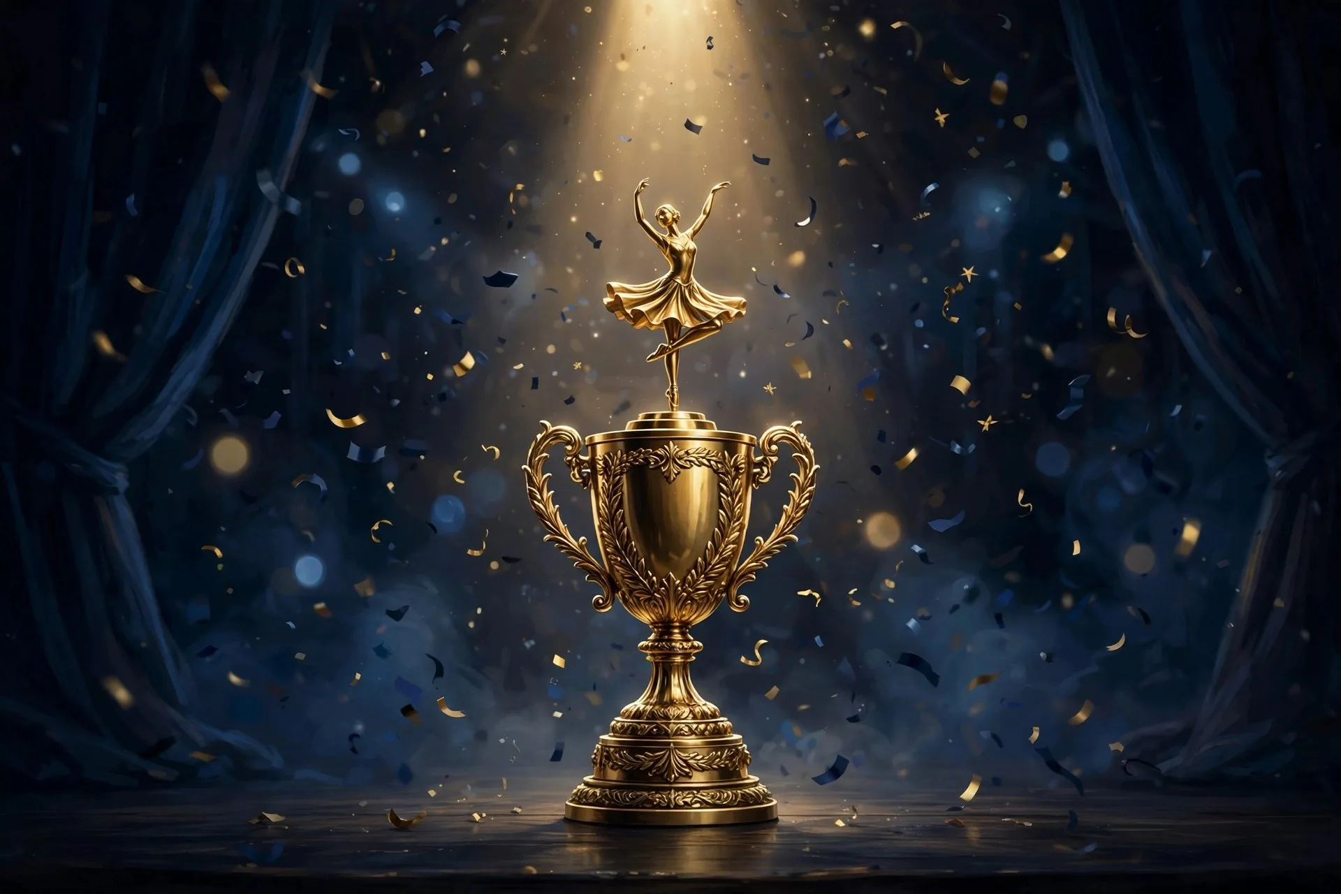 Illustration eines goldenen Tanzpokals auf einer Bühne
