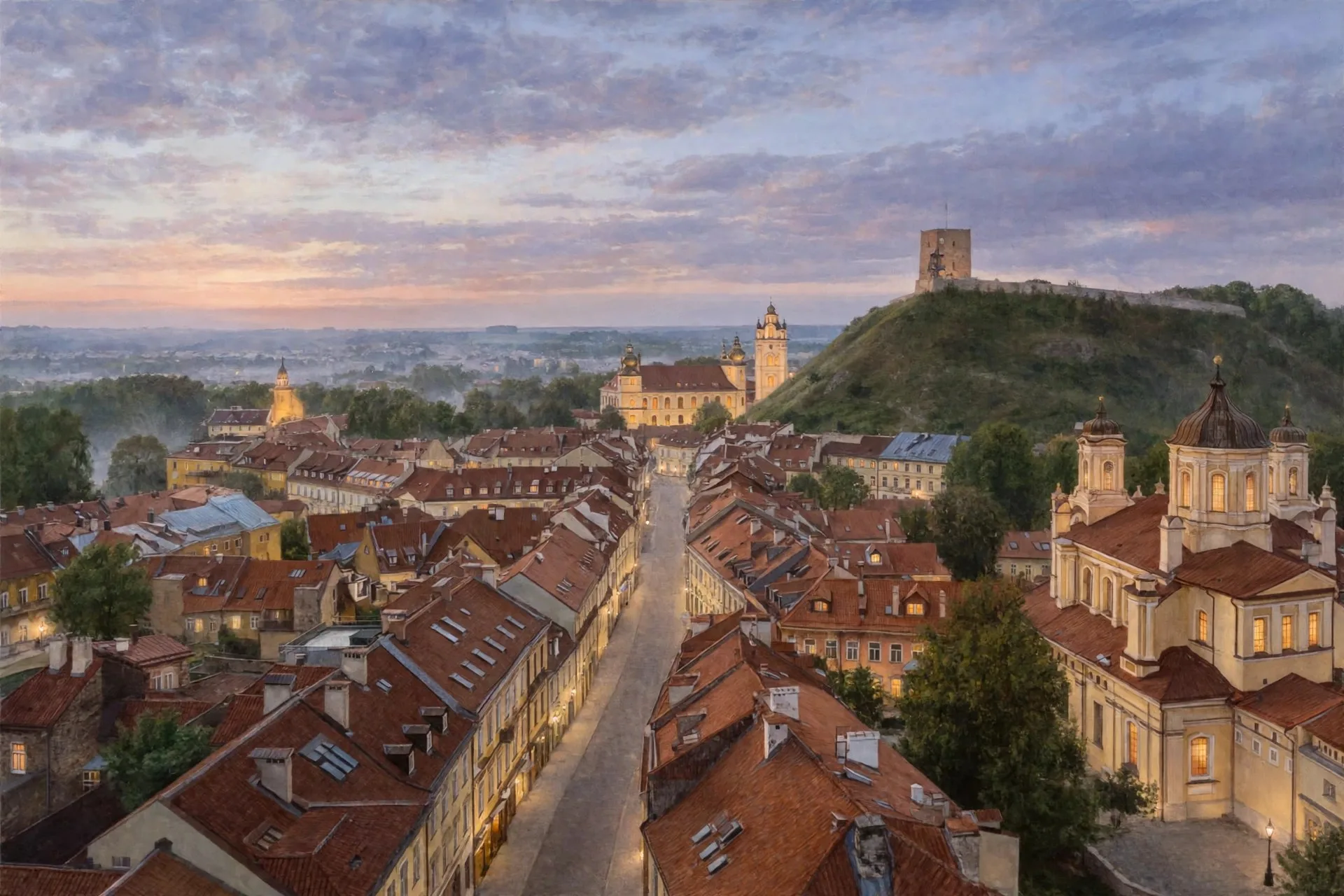 Illustration der Altstadt von Vilnius in der Abenddämmerung