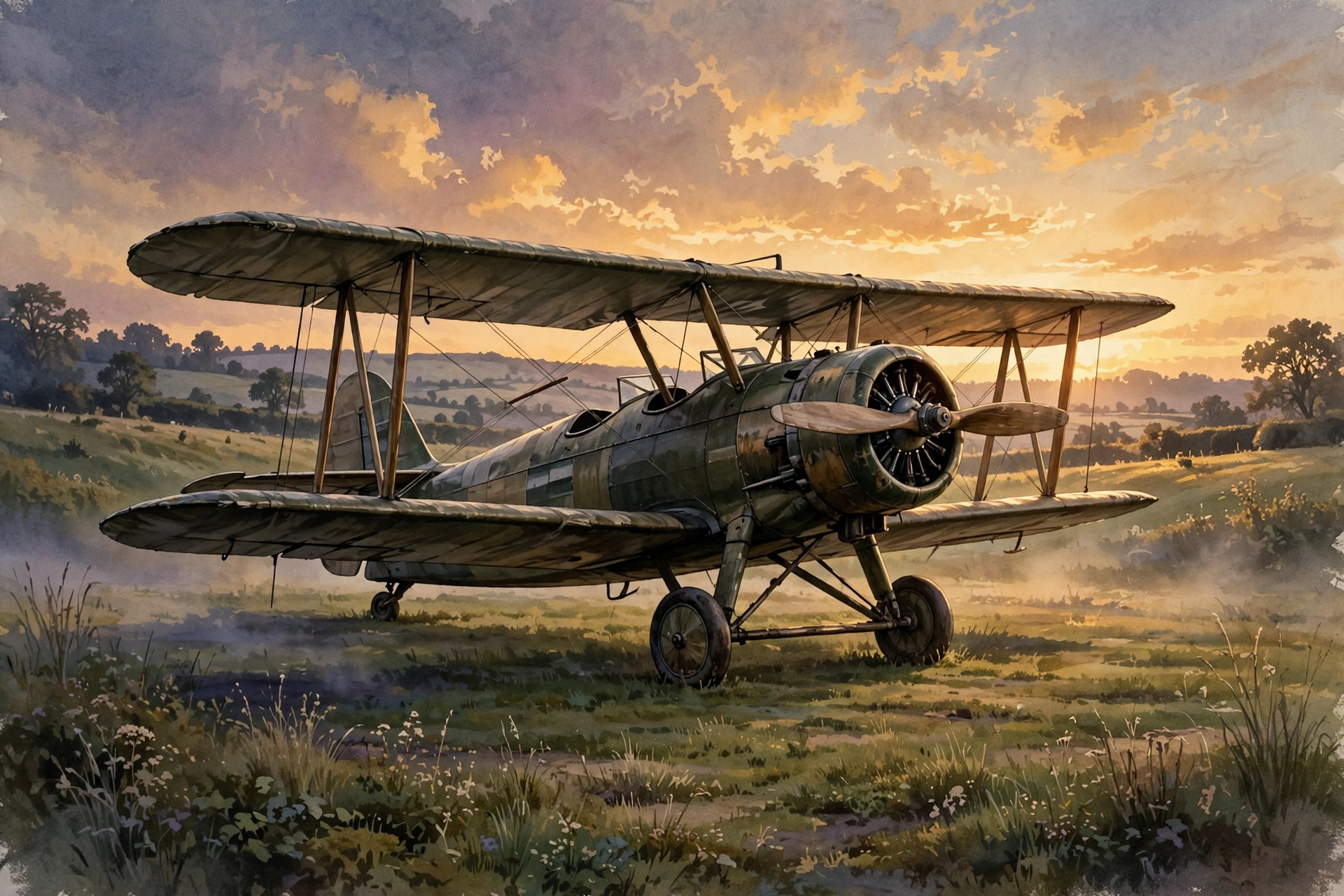 Illustration eines historischen Propellerflugzeugs auf einem Flugfeld in der Abenddämmerung, keine Personen