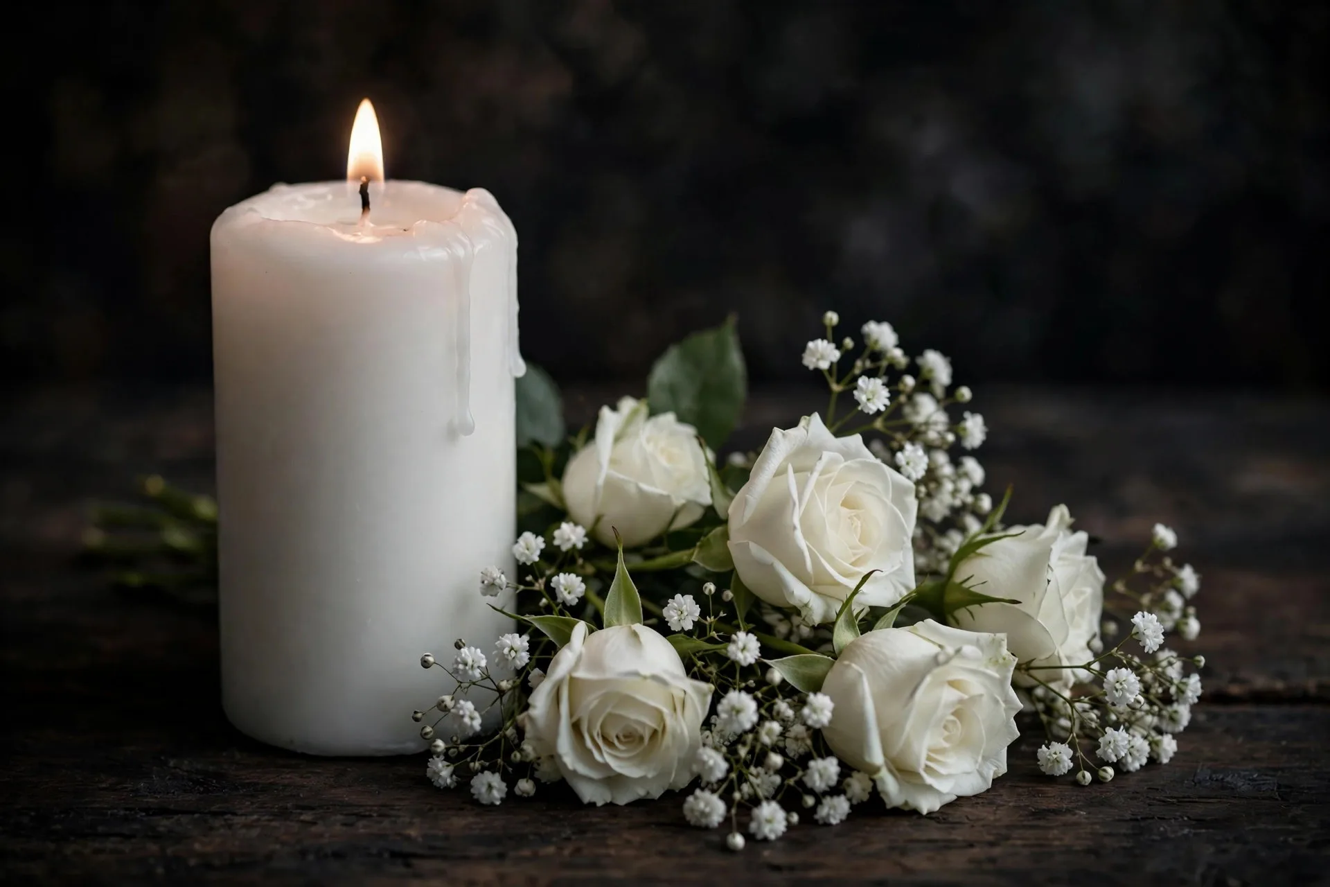 Illustration: Eine brennende Trauerkerze mit weißen Rosen