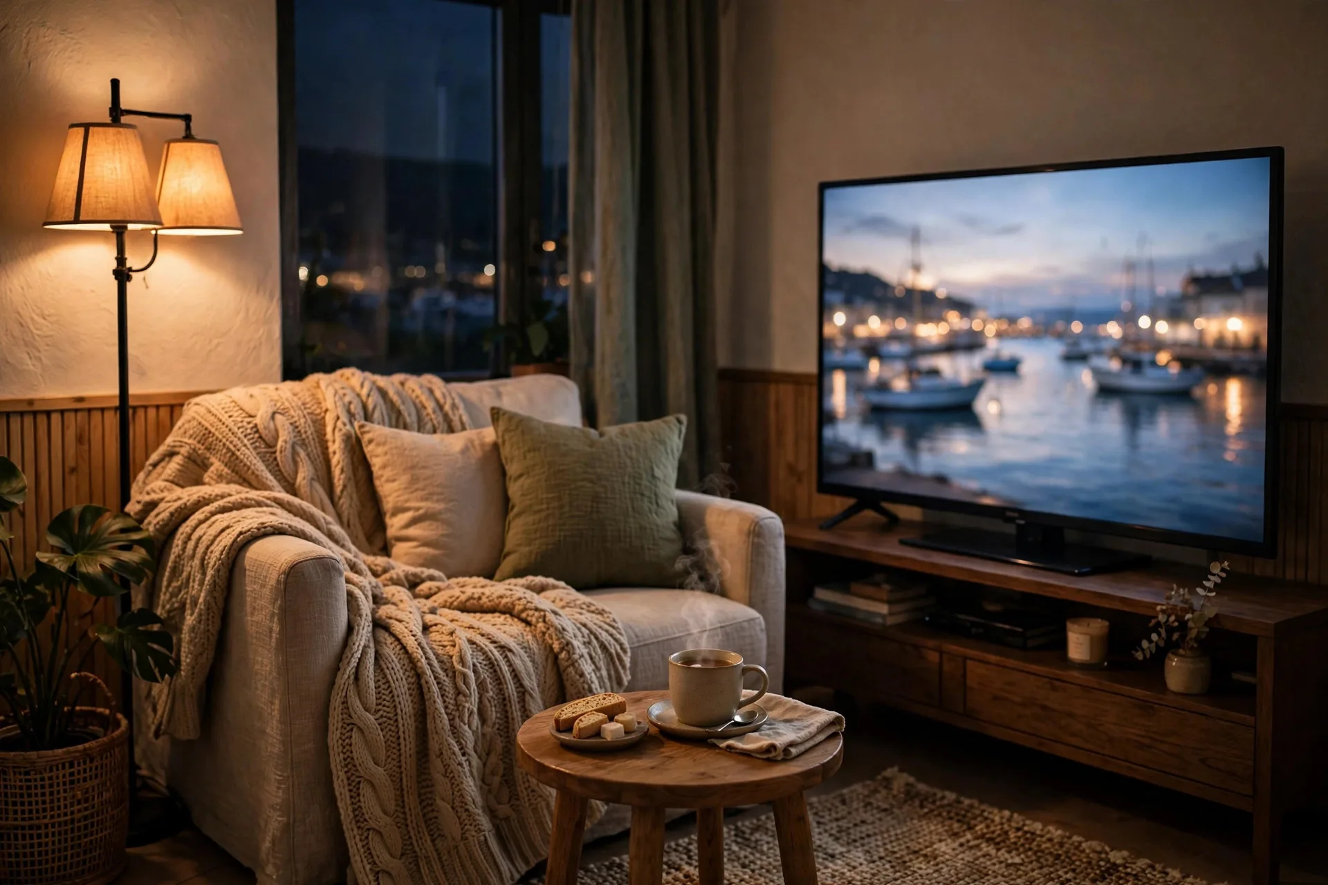 Symbolillustration: Gemütliches Wohnzimmer am Abend mit Fernseher