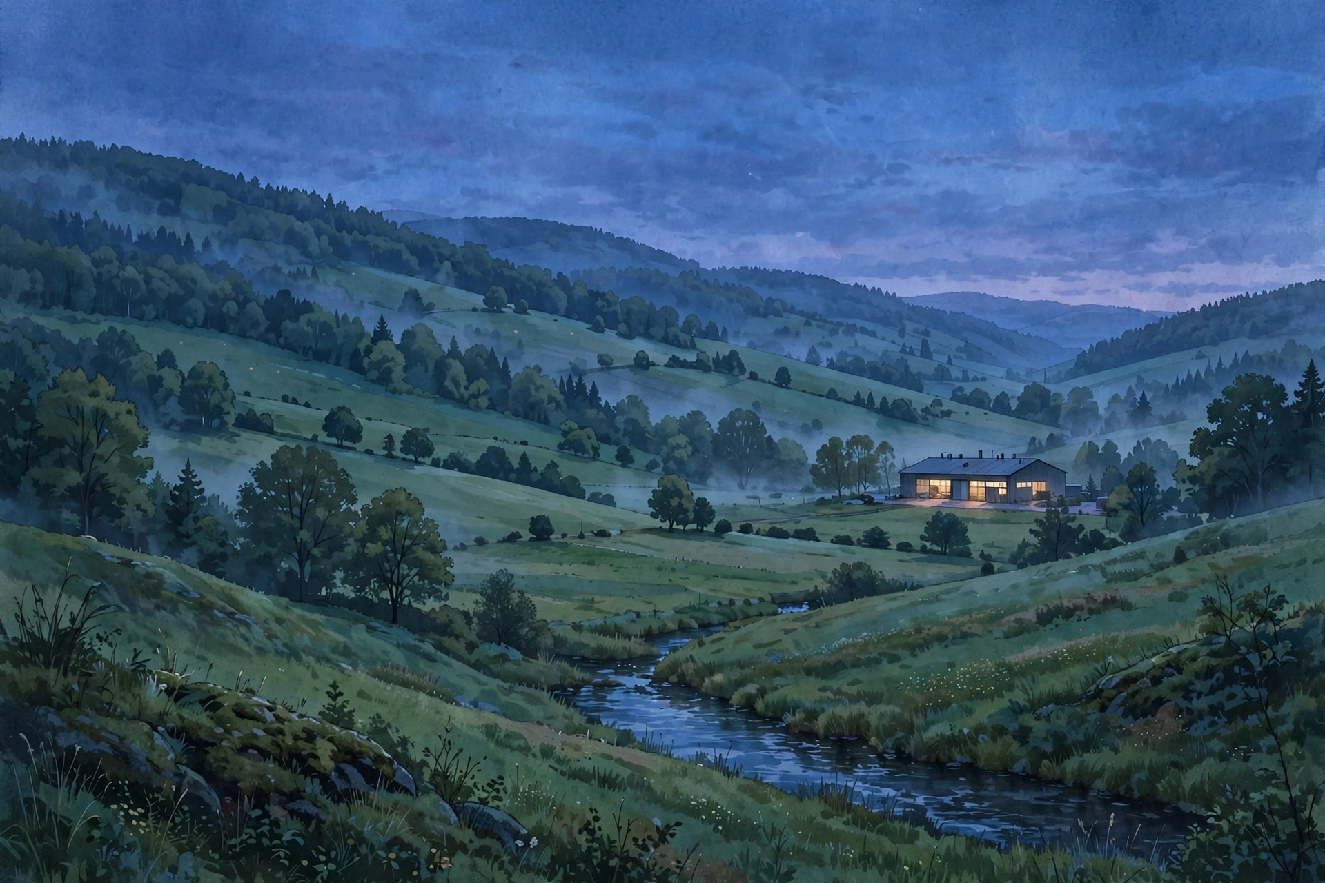 Illustration einer ländlichen Tallandschaft im Westerwald in der Abenddämmerung, keine Personen